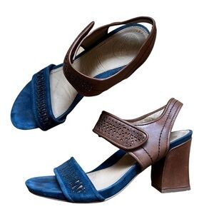 Earthies Women's Asola Sandal Heel Slingback Blue Brown Leather Comfy Size 9.5